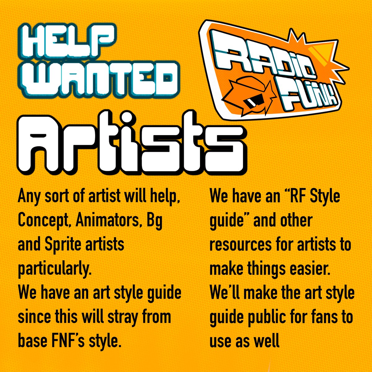 We’re looking for art help! Any sort of FNF artist who can mimic other art styles would be helpful! Dm this account with examples! Art style guide will be public soon!
#FNF #fnfmod #fnfmods #RadioFunk #FNFRadioFunk