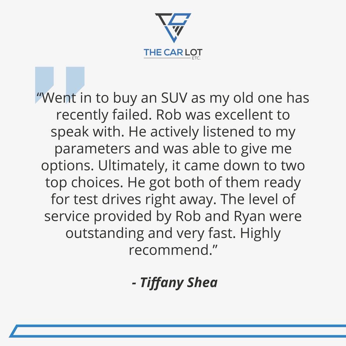 🚗✨ Tiffany Shea shares her outstanding journey with us – from expert guidance to swift service. Rob and Ryan went above and beyond to ensure she found the perfect SUV.

#HappyCustomers #Testimonial #FiveStarReview #TopNotchService #TheCarLot #SudburyOntario