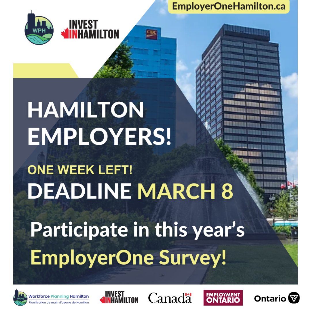 Hamilton Employers, your voice matters!

Only ONE WEEK LEFT to complete the EmployerOne Survey and share your insights on our local workforce.

Don't miss this chance to make a difference!

Complete the survey by March 8th: hubs.la/Q02mTYgW0

#HamOnt #Workforce