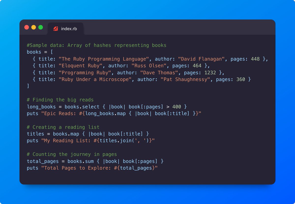 0xRajat's tweet image. Day 3 of #100DaysOfRuby: Diving into the magic of Enumerable! 🪄 

Turn your data into gold by filtering, transforming, and summarizing like a pro. 📚✨ 

👇 Here&apos;s a sneak peek: