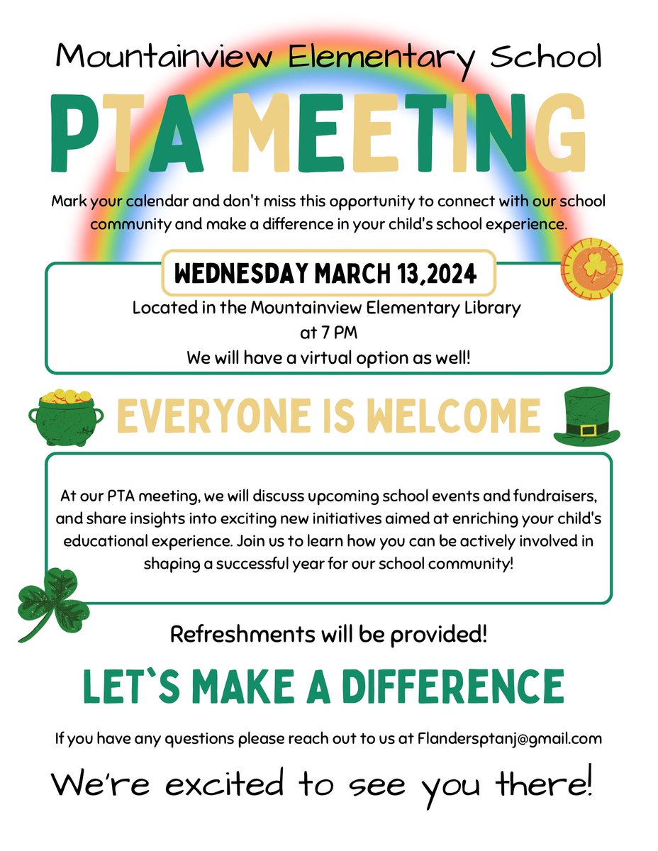 Lots of exciting things happening at Mountain View Elementary in March! Join us for our monthly meeting also on March 13th to hear more 🍀💚
