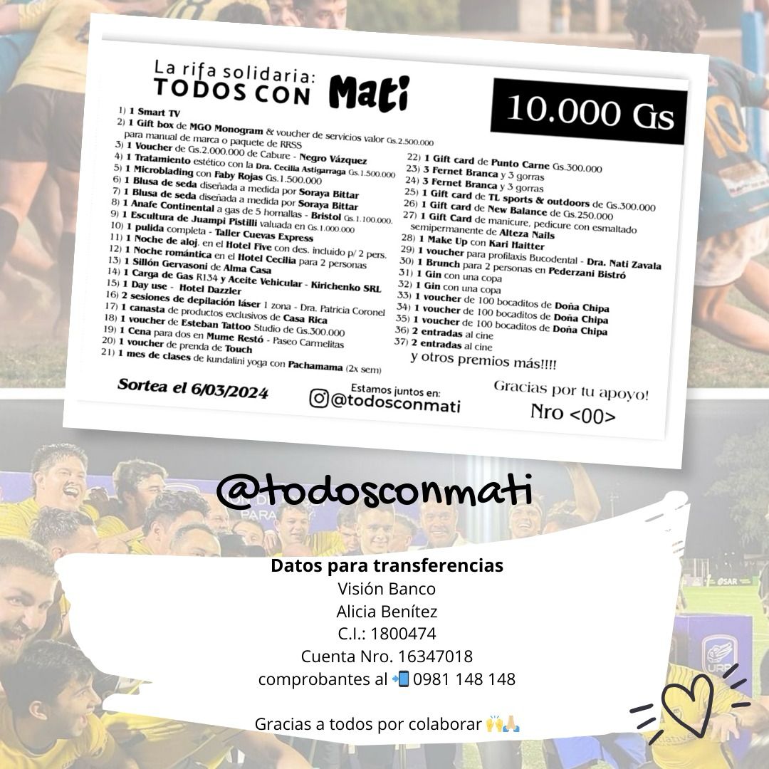edithortizg's tweet photo. X Solidario 🙏 #TodosPorMati Rugbista de 19 años sometido a 17 cirugías, de una fractura en la pierna en Oct 2023. 
SE PARTIÓ EN 2 LA PIERNA y EL HUESO SE CONTAMINÓ CON 💩 de PERRO 😪, al unir con urgencia para NO PERDER LA PIERNA‼️ no se limpió a profundidad la herida y la bacteria dentro empezó a tomar fuerza, se lo volvió a abrir y no respondía favorable a los antibióticos. 

Tras varios ingresos a quirófano también en Terapia en Sanatorio Privado (no tienen IPS) en 4 meses de lucha por la vida de  Mati,  la Flia dió todo y más, pero las necesidades y deudas suman por hora. 

UN GRUPO DE AMIGAS ORGANIZAMOS ESTA RIFA DE 10.000 Gs.  para buscar apoyo de la sociedad en esta causa, HOY POR TI MAÑANA POR MI🫶

COMPRA TU RIFA y TE ENVIAMOS FOTO RIFA 👇 Cta bancaria de la Madre Alicia Benitez 💪

🏦 Visión Banco
Titular: Alicia Benítez
C.I.: 1800474
Cuenta Nro. 16347018

Alias: 0981148148
Tipo de alias: celular 📱 

comprobantes al 📲 0981 148 148