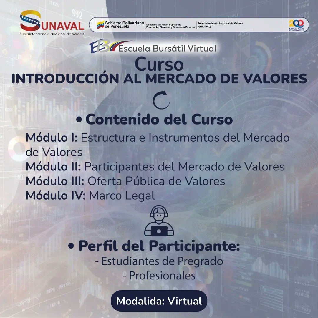 🏦Las inscripciones para el #CursoOnline de Introducción al Mercado de Valores estarán abiertas entre el 01 de marzo y el 12 de marzo de 2024.

🙌Para más información, haz clic en el enlace ➡️➡️➡️ sunaval.gob.ve/formebv21/ 

#MercadoDeValores #Sunaval #Finanzas #MercadoBursatil