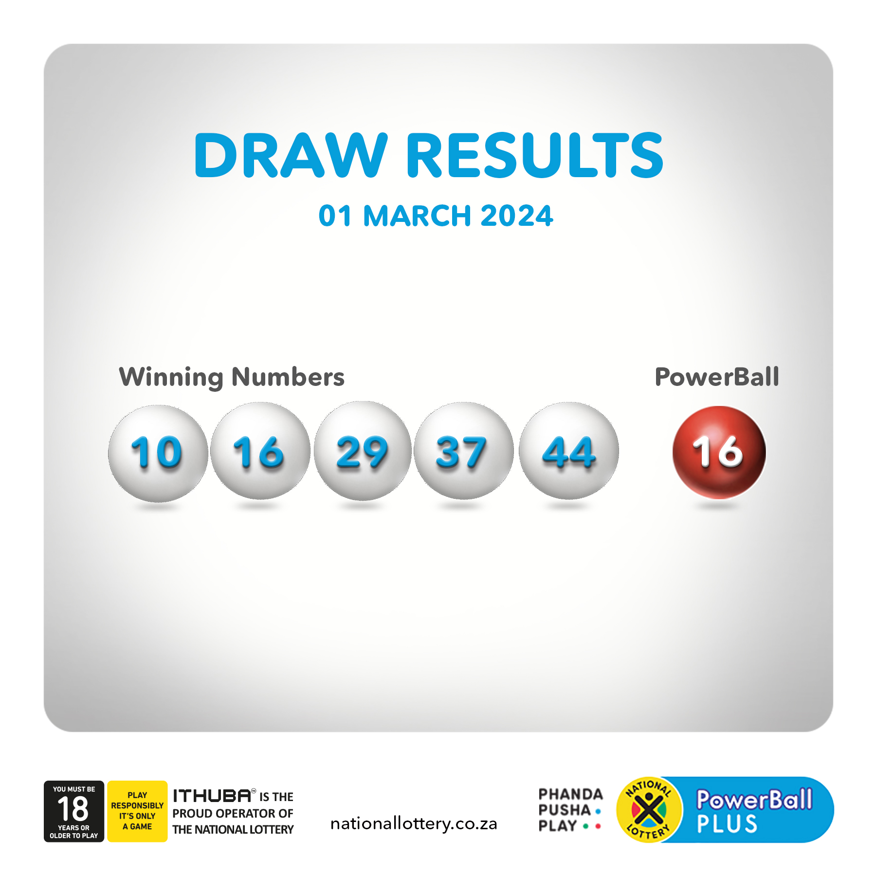 PhandaPushaPlay on X DrawResults for 01 03 24 are PowerBall 10 30 35 42 46 PowerBall 10 PowerBallPLUS 10 16 29 37 44 PowerBall 16 https t 90NlF1WZnI X