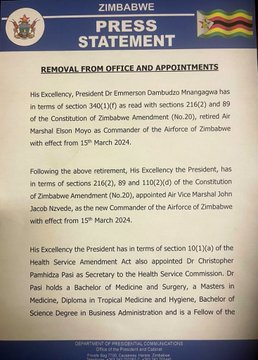 voandebele's tweet image. Preident Emmerson Dambudzo Mnangagwa has announced the retirement of Airforce commander a few hours after failing to land at Victoria Falls Airport following a bomb scare.
#airforcecommander #retired #zimbabwe #bombscare