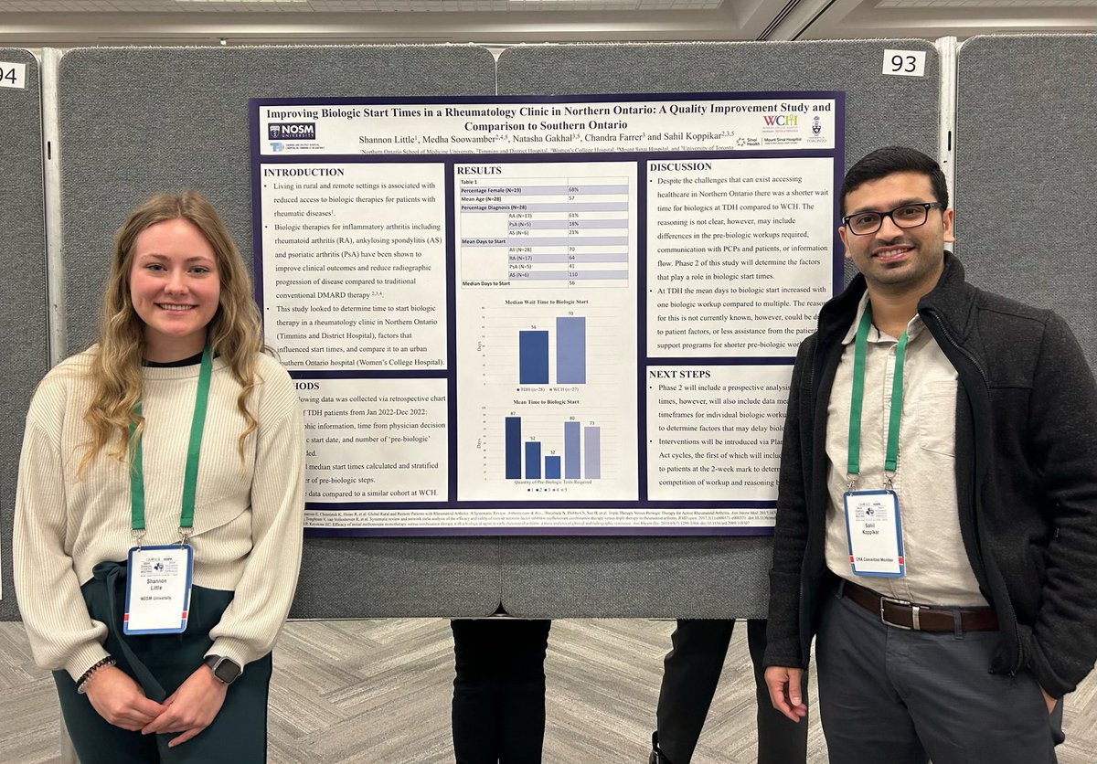 Poster presentation @CRASCRRheum #ASM24. Medical student Shannon Little (supervisor @sahilkoppikar @WCHospital) presents her QI project related to time to biologic start times in northern Ontario.