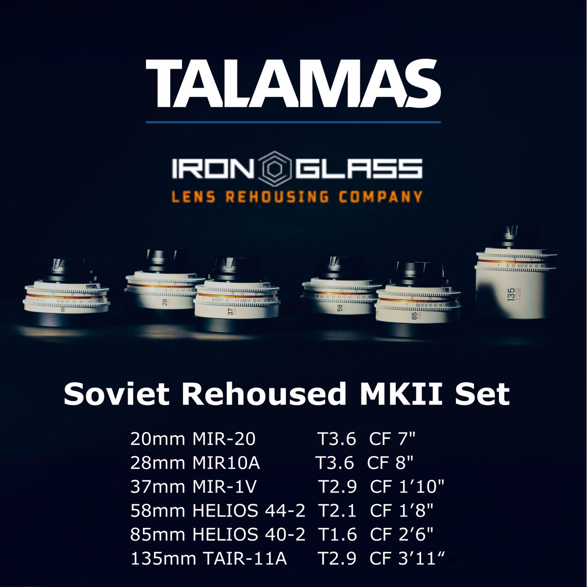 Talamas T Stop #12 The @ironglassmods Soviet Rehoused MKII Set. The MKII has what Iron Glass calls a "hybrid focus system" incorporating helicoid and CAM-driven focus systems.This fun and funky collection of Soviet-era lenses are available now@ironglassMods