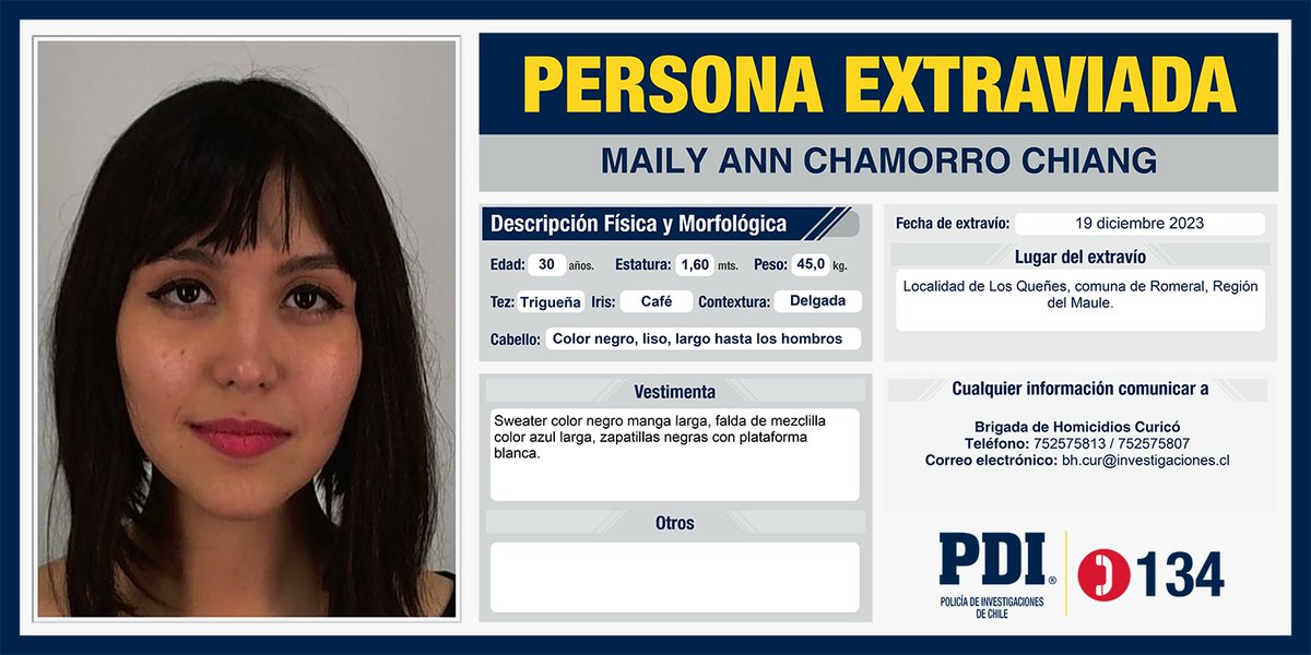 PDI_Maule's tweet photo. ⭕ Ayúdanos a encontrar a: Maily Ann Chamorro Chiang, extraviada desde el 19 de diciembre de 2023, localidad de Los Queñes, comuna de Romeral, Región del Maule.
Más detalles en: https://t.co/UeYMQsr9u7

¡Cualquier información es valiosa! https://t.co/W7UH2eNUIj
