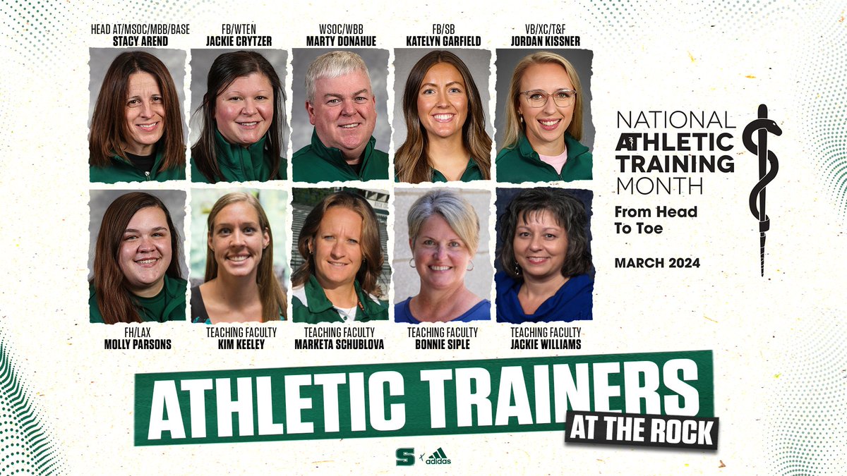 Happy Athletic Training Month to our Athletic Trainers and AT students here at The Rock! We are fortunate to have 6 terrific clinical ATs working with our teams and athletes every day, as well as 4 teaching faculty ATs who have all worked with our teams and athletes as well!