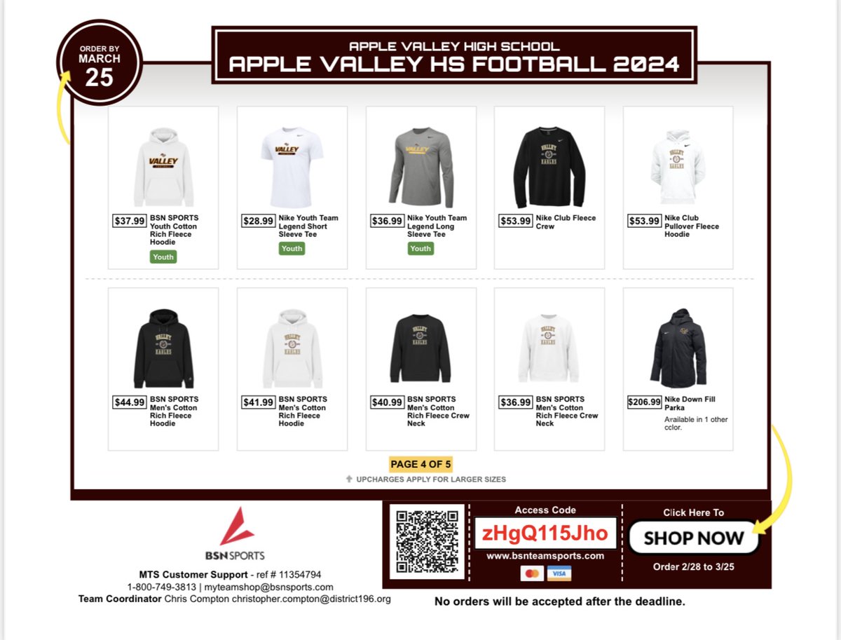 The 'early bird' football player store is now open! 10% of all proceeds go to AV football! Closes March 25th! Link: bsnteamsports.com/shop/zHgQ115Jho