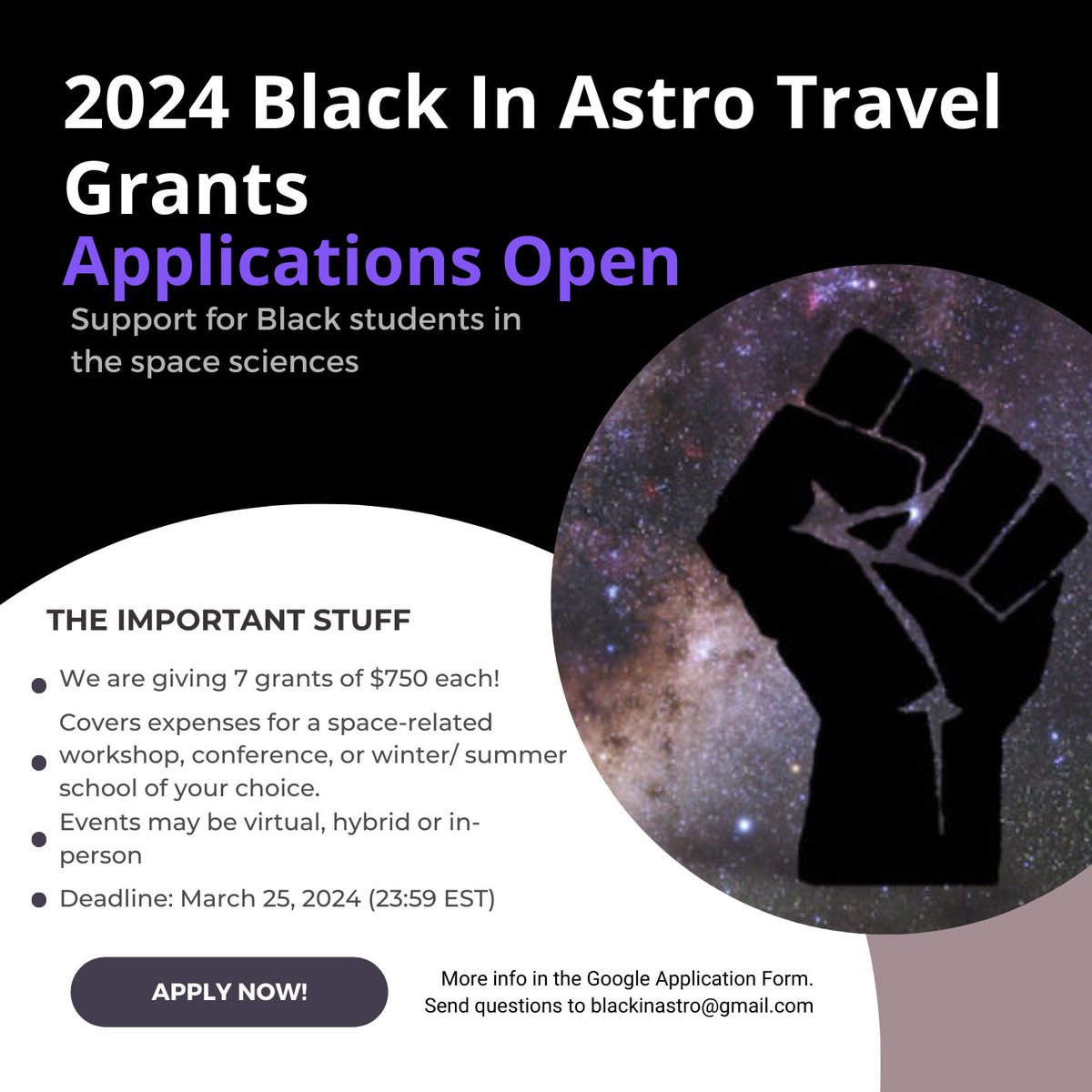 📣📣📣📣 We’re so happy to be able to award our BlackInAstro folks travel grants again this year! Applications are O P E N! 

Link to apply 👉🏼 forms.gle/HCdKUQa7VriKAT…