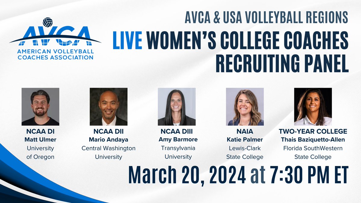 Don’t miss the AVCA/USAV Region Partners College Coaches Recruiting Panel on March 20! In this live session, women’s college coaches from each division will discuss recruiting and scholarship opportunities in their division. Register: avca.org/event/womensre… #WeAreAVCA