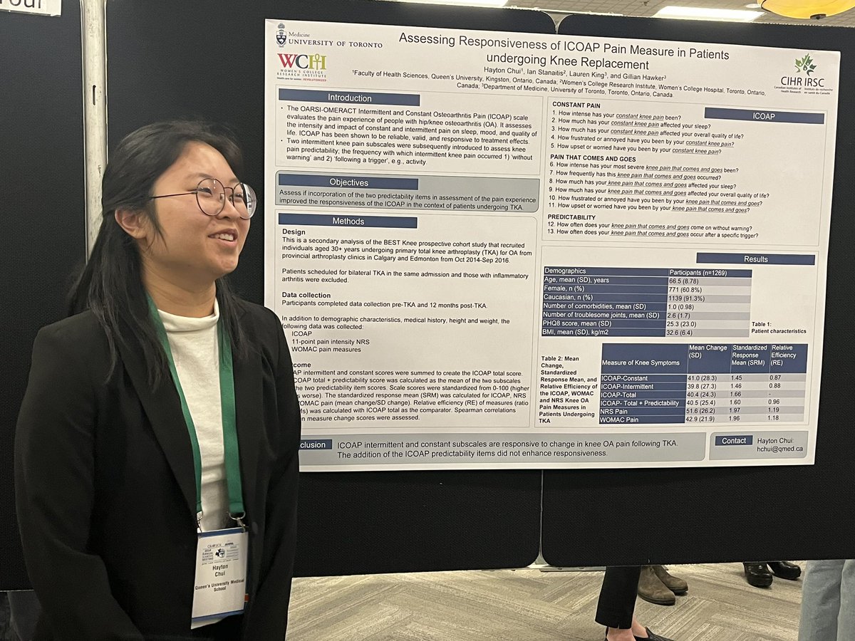 UofT Rheumatology (@uoftrheum) on Twitter photo Poster Tour (osteoarthritis) 🔥<a href="/CRASCRRheum/">CRA SCR</a> #ASM24: Medical student Hayton Chui (supervisor <a href="/UofTDoMChair/">Gillian Hawker</a> <a href="/WCHospital/">Women's College Hospital</a>) presents her study evaluating responsiveness of ICOAP (measure of #OA pain) +/- predictability items in pts with knee OA undergoing total knee arthroplasty. Poster Tour (osteoarthritis) 🔥<a href="/CRASCRRheum/">CRA SCR</a> #ASM24: Medical student Hayton Chui (supervisor <a href="/UofTDoMChair/">Gillian Hawker</a> <a href="/WCHospital/">Women's College Hospital</a>) presents her study evaluating responsiveness of ICOAP (measure of #OA pain) +/- predictability items in pts with knee OA undergoing total knee arthroplasty.
