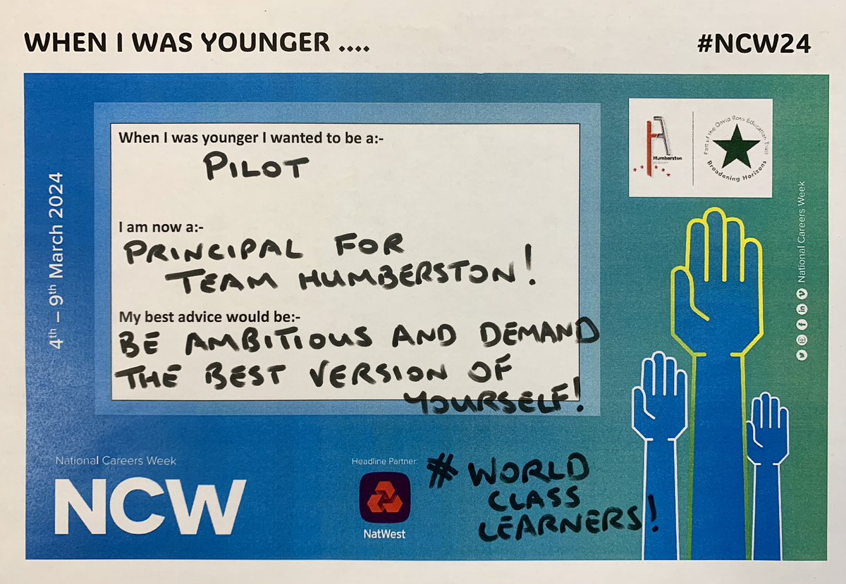 Just getting ready for #NCW24.

All staff have filled out posters about what they aspired to be when they were younger.

The plan is to discuss our aspirations and our career pathways since. 

National Careers Week, let’s get talking out exciting futures!