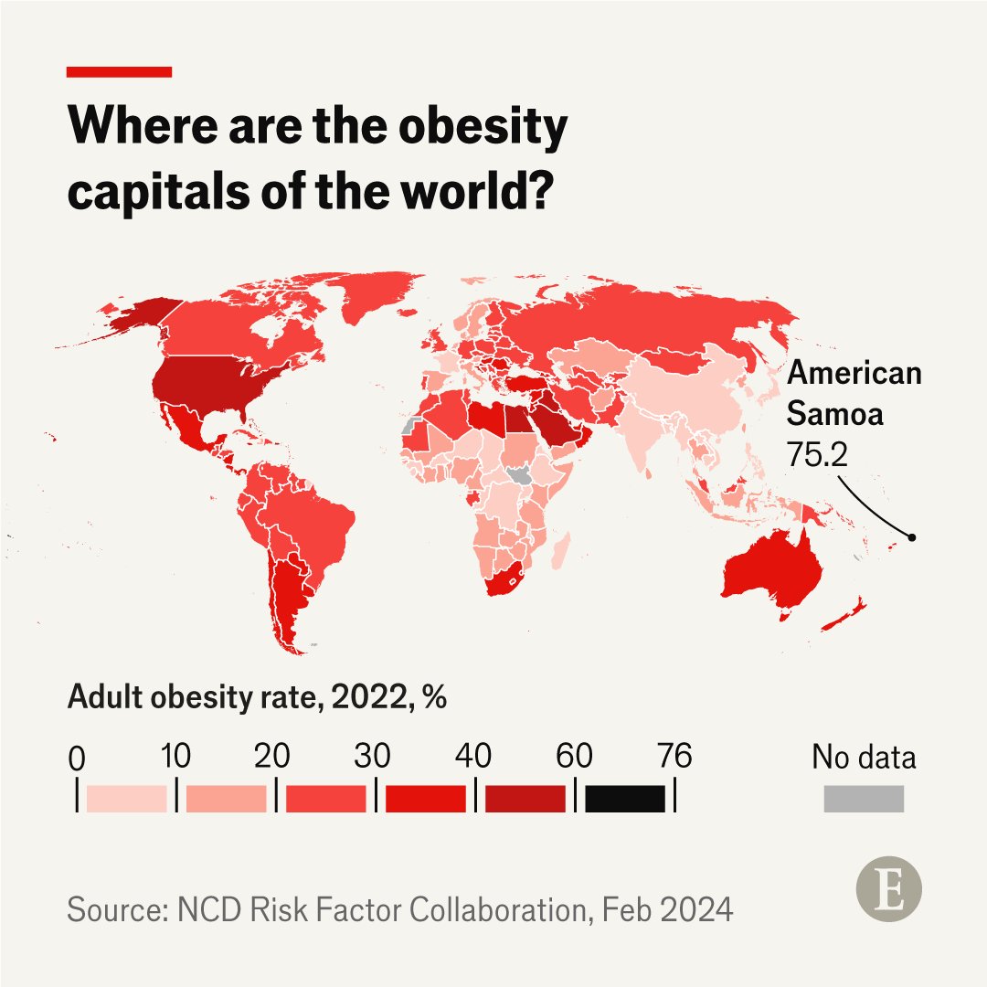 Obesity rates have doubled among adults since 1990 and quadrupled among children and adolescents. Our map shows which countries have the highest rates: econ.st/49C2o7K