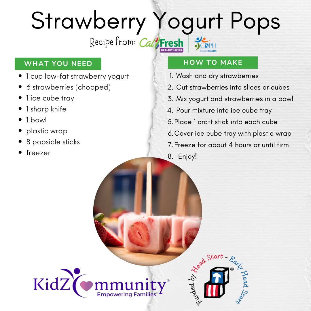 #KidZCommunity #MenuMonday - Try this strawberry yogurt pop recipe from #CalFreshHealthyLiving💜

#HeadStart #EarlyHeadStart #EarlyLearning #EmpoweringFamilies #GetAHeadStart #ComeEatWithUs #NowHiring #NowEnrolling #PlacerCounty #NevadaCounty