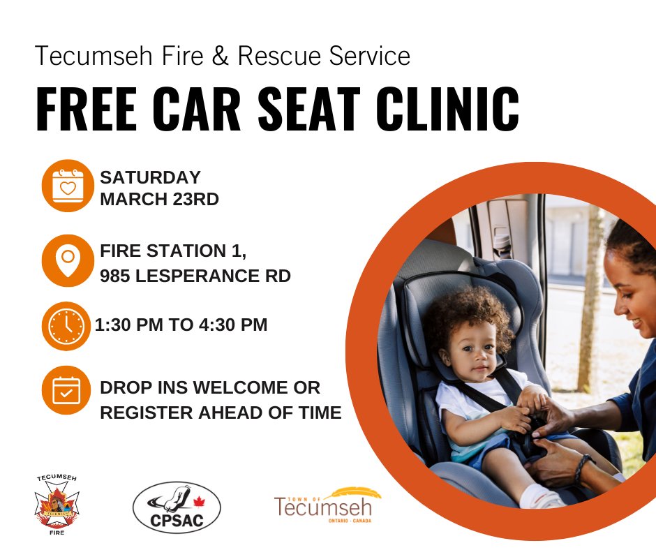 Tecumseh Fire π¨π¦ (@tecfd) on Twitter photo Tecumseh Fire is hosting a FREE Car Sear Clinic on Saturday, March 23 at Fire Station 1.
Drop In Welcome or Register with Debbie at dkelly@tecumseh.ca or 519-979-4041 x212. Tecumseh Fire is hosting a FREE Car Sear Clinic on Saturday, March 23 at Fire Station 1.
Drop In Welcome or Register with Debbie at dkelly@tecumseh.ca or 519-979-4041 x212.
