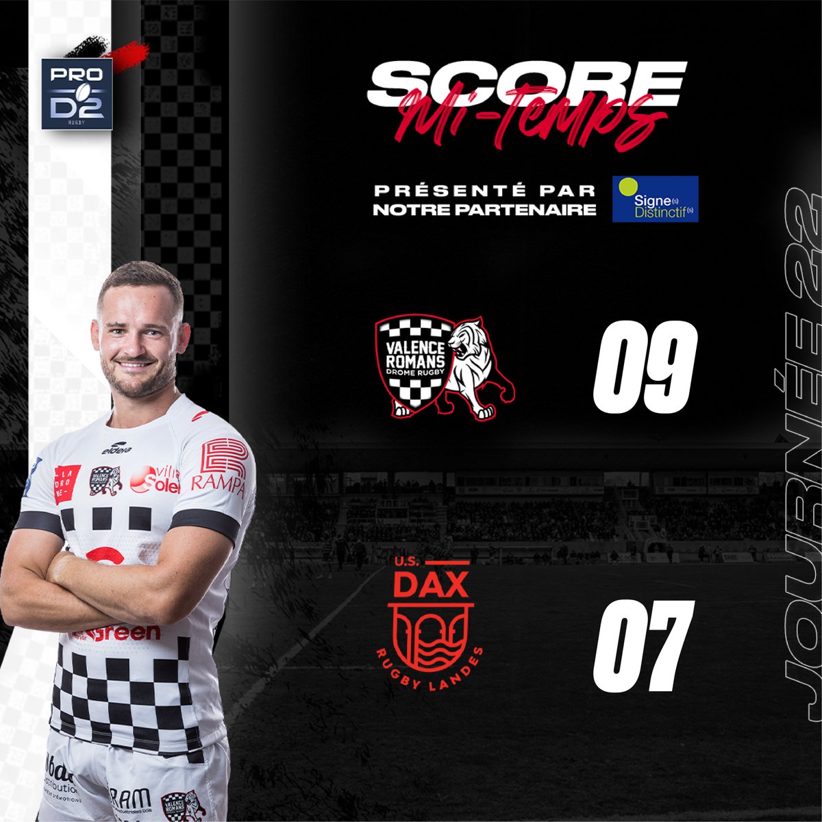 VRDRrugby's tweet photo. [𝐌𝐈-𝐓𝐄𝐌𝐏𝐒 présentée par Signes Distinctifs : 𝚅𝚁𝙳𝚁 ⚡️ @usdaxrugby]

 Nos Damiers mènent cette première mi-temps sur le score de 9 à 7 face aux Dacquois dans ce duel des promus ! Allez Damiers !

📲 Venez suivre le live commenté sur l’appli du VRDR !

#VRDRDAX https://t.co/hdg240tfL3