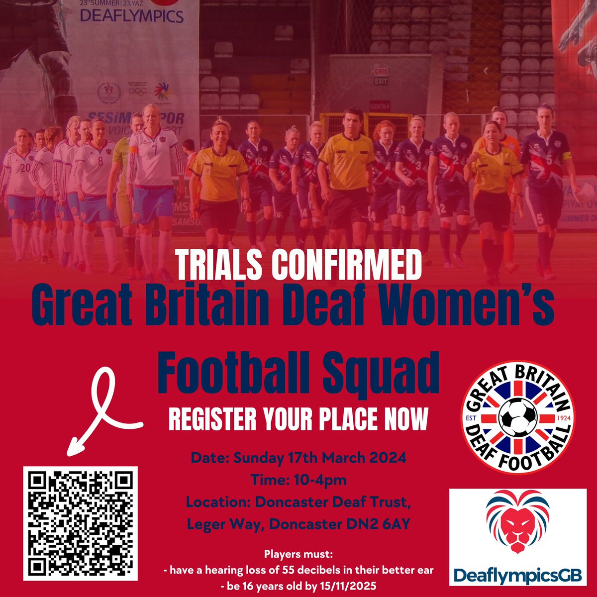 Great Britain Deaf Women’s Football trials have been confirmed for Sunday 17th March 2024⚽️🇬🇧 Time: 10-4pm Location: Doncaster Deaf Trust, Leger Way, Doncaster DN2 6AY You MUST complete the following form to confirm your attendance 👉🏻 docs.google.com/forms/d/e/1FAI…