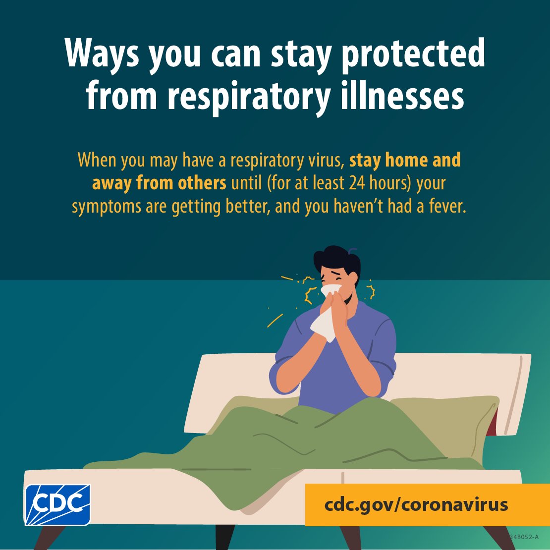 CDCgov's tweet photo. If you get sick with a respiratory virus, stay home and away from others. You can return to normal activities when symptoms have been getting better overall for 24 hours, but take precaution for the next 5 days to curb the spread of illness. 

https://t.co/B8glnlLRc3