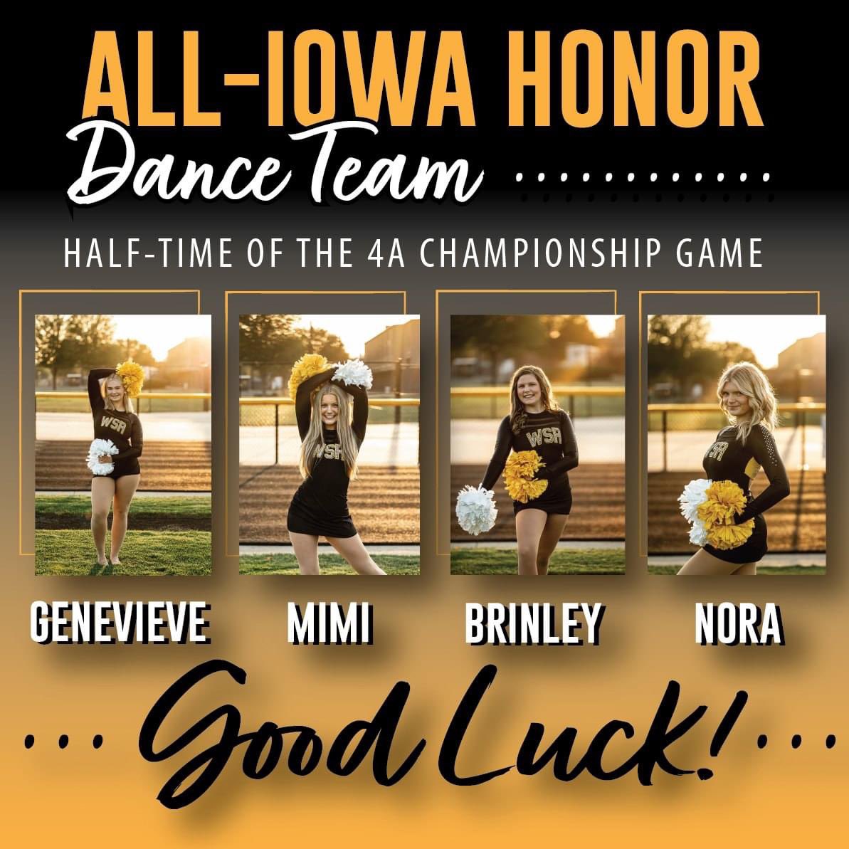 Heading to Des Moines for the big game? 4 Go-Hawk Dancers were selected for the All-Iowa Honor Dance Team. More than 250 dancers will take the floor at Wells Fargo Arena for half-time of the 4A Championship Game on Saturday night. Good luck to Genevieve, Mimi, Brinley and Nora.
