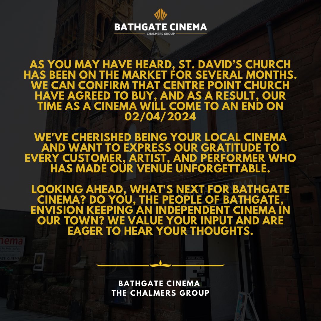 Bathgate_Cinema's tweet photo. Thank you, all! 🙏🏻

All remaining movie screenings are available via our website until the final date.

https://t.co/3T1Bth37vG

If you have gift vouchers, they will be valid until we close, if not used a full refund will be available. https://t.co/i2s6svpA4T