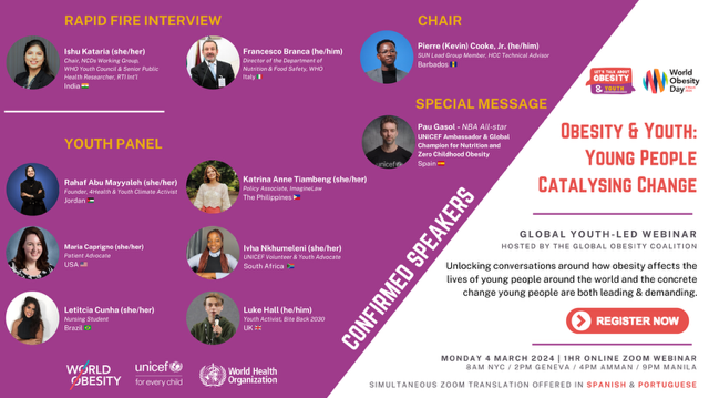 Don’t forget to join on Monday for @WorldObesityDay! Join young people around the world for the webinar “Obesity & Youth: Young people catalyzing change” hosted by @UNICEF @WHO @WorldObesity. Register here: tinyurl.com/3uchj77c #WorldObesityDay