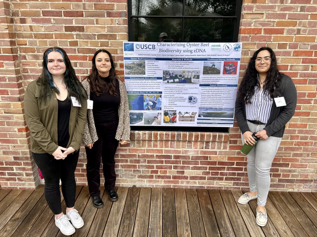 Undergraduates from ⁦@USCBeaufort⁩ presenting research at the ACE Basin Symposium in Walterboro SC. We are hoping to extend our oyster reef eDNA study into the ACE Basin NERR. ⁦@Estuaries4Life⁩ ⁦Students L to R: Cassidy Hutto, Aydanni Gonzalez, Denia Lopez