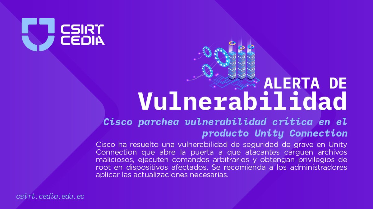 #Vulnerabilidad|| Cisco ha corregido una vulnerabilidad crítica en Cisco Unity Connection que podría permitir a un atacante no autenticado cargar archivos arbitrarios y obtener privilegios de root en el sistema afectado.
🔗Encuentra más info en: socsirt.cedia.edu.ec/cisco-parchea-…