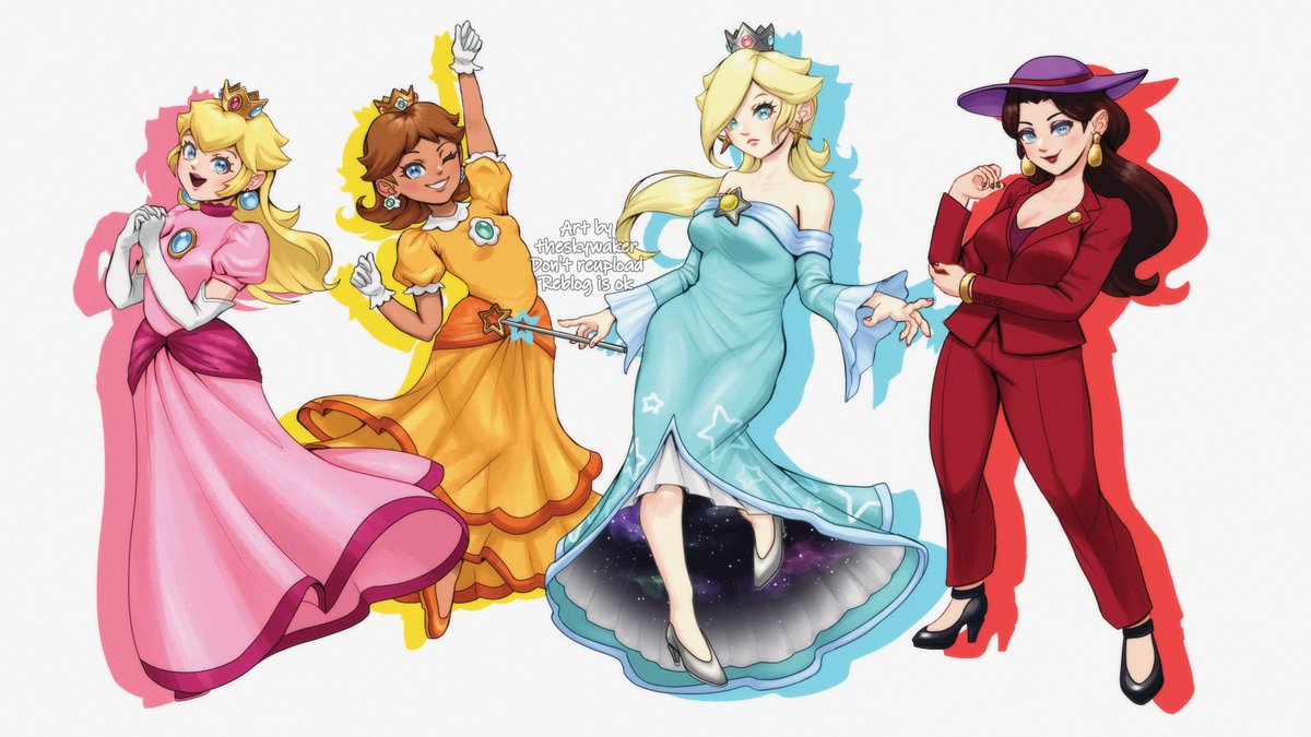 princess daisy ,princess peach ,rosalina multiple girls dress 4girls blonde hair gloves brown hair crown  illustration images