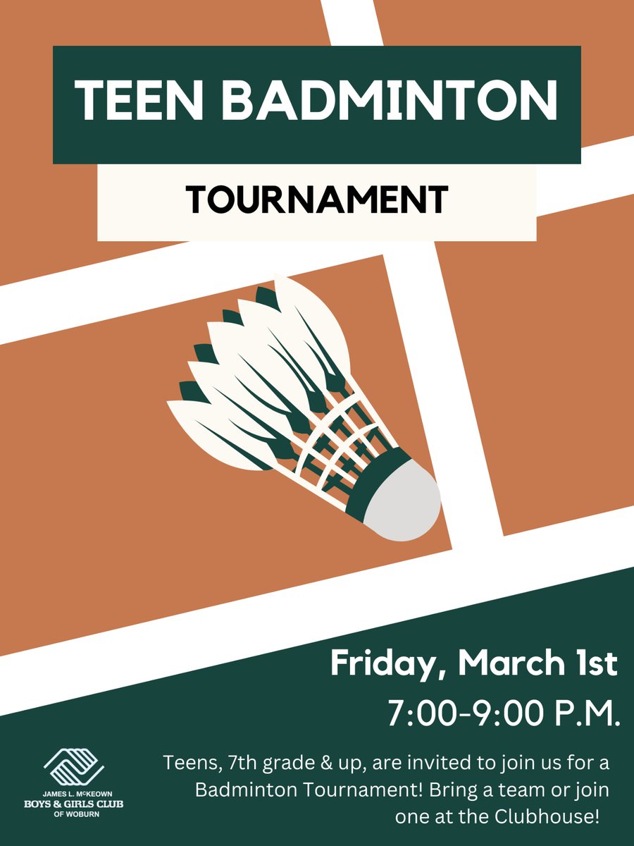 Teen Badminton Tourney tonight starting at 7:00 p.m. Open to members in 7th-12th grade.