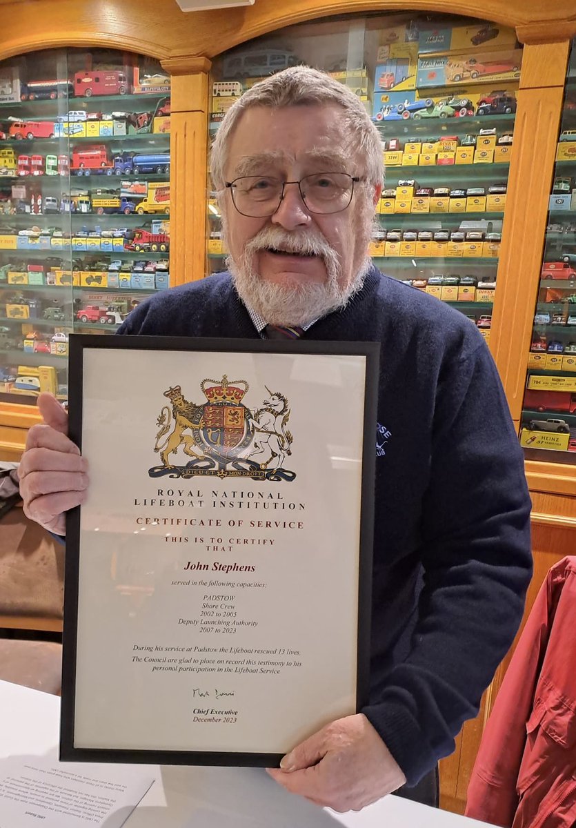 Our volunteer John Stephens has been awarded a Certificate of Service. John has volunteered at Padstow #RNLI for over 20yrs from Shore Crew to Deputy Launching Authority! John has also been invited to Westminster Abbey on Monday as part of the RNLIs 200th Year Anniversary.