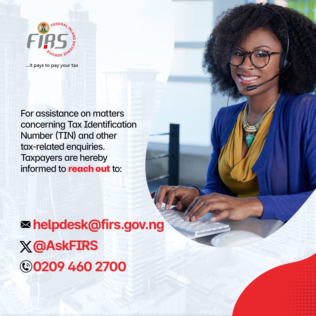 AskFIRS's tweet image. ☎️📱Taxpayers are hereby notified that the FIRS contact center can be reached on 02094602700, @AskFIRS and helpdesk@firs.gov.ng for assistance on Tax related issues and Tax Identification Number (TIN).
👨🏿💻👩🏿💻 We are available to assist!!!