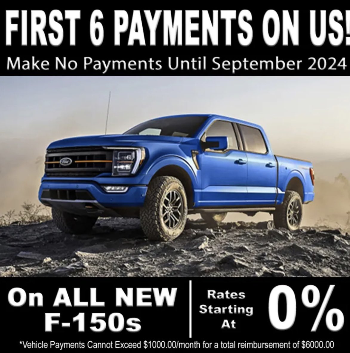 For a Limited time Magnuson Ford is clearing out our 2023 F150's &amp; we're going to make your first 6 payments. Our current rate is 0% &amp; we are showing a $6000 discount/reimbursement which is the equivalent of 6 payments of $1000. #f150 #fseries #abbotsford #mission