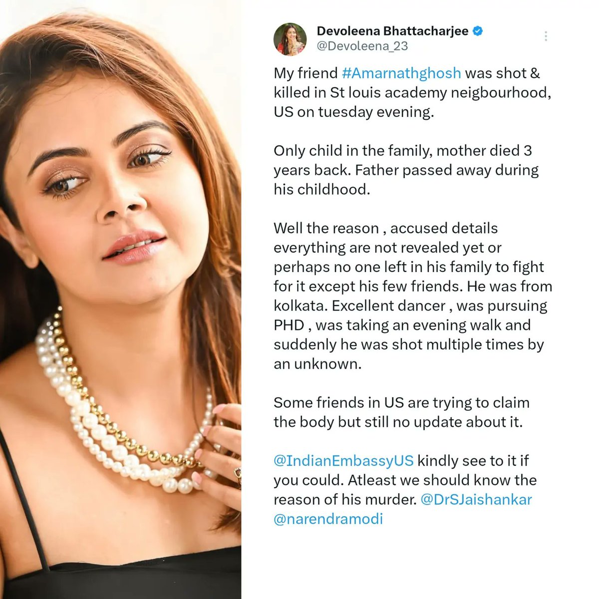 WhosThat360's tweet image. Sharing details on X (Twitter), @Devoleena_23 pleads for help from PM Modi and the Indian Embassy. 

#AmarnathGhosh #DevoleenaBhattacharjee #News #Shocking #WhosThat360