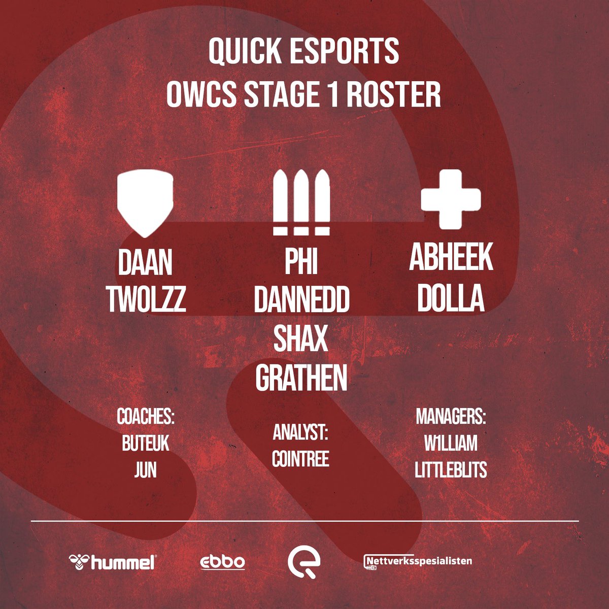 Now introducing, our roster for OWCS stage 1

🛡️🇳🇱 @twolzz_ow 
🛡️🇳🇱 @Daan_ow 
⚔️🇩🇪 @phi_ow 
⚔️🇸🇪 @Danneddow 
⚔️🇮🇪 @Grathenz 
⚔️🇩🇰 @ShaxOW 
💉🇫🇮 @Dolla_Risti 
💉🇬🇧 @abheekpatra1 

🧠🇰🇷 @BUTEUK_OW 
🧠🇰🇷 @junseo52 
📊🇭🇰 @Cointree_OW 
🐢🇸🇪 @W1LLIAM_Ow 
🐢🇳🇱 @littleblits_OW