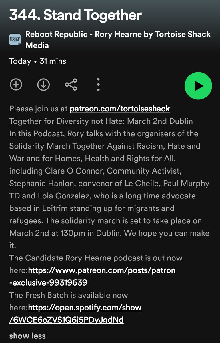 In this Podcast I talk with the organisers of the Solidarity March Together Against Racism, Hate and War and for Homes, Health and Rights for All We hope you can make it. @RebootPod @LeCheileDND open.spotify.com/episode/090jKV…
