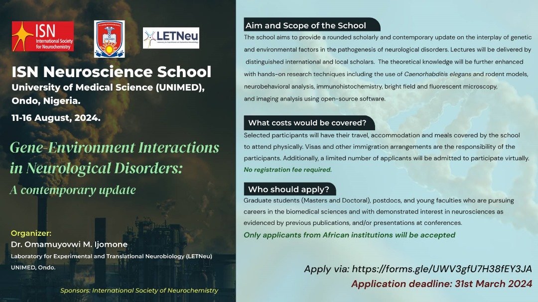 ISN Neuroscience School, UNIMED, Ondo. Eligibility: Graduate students (Masters and Doctoral), postdocs, and young faculties from African Institutions. To apply: forms.gle/UWV3gfU7H38fEY… @ISN_society @SONAorg @NSNSecretariat