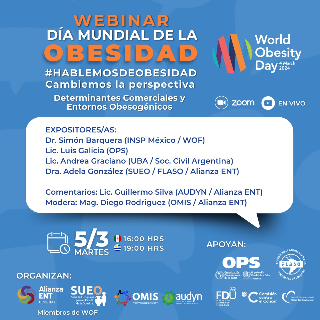 #SLAN invita al webinar por el Día Mundial de la Obesidad 2024, este martes 5 de marzo a las 4pm México / 7pm Uruguay.
Link zoom para conectarse:
 us06web.zoom.us/j/84055674334...
(No necesita inscripción previa)
Organizan:
Alianza ENT Uruguay, SUEO, AUDYN, OMIS.