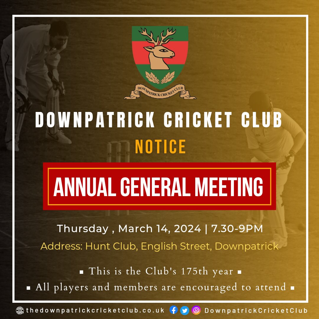 🪧 Downpatrick Cricket Club AGM. Players and patrons are encouraged to attend. #downpatrickcricketclub #downpatrickcricketclub2024