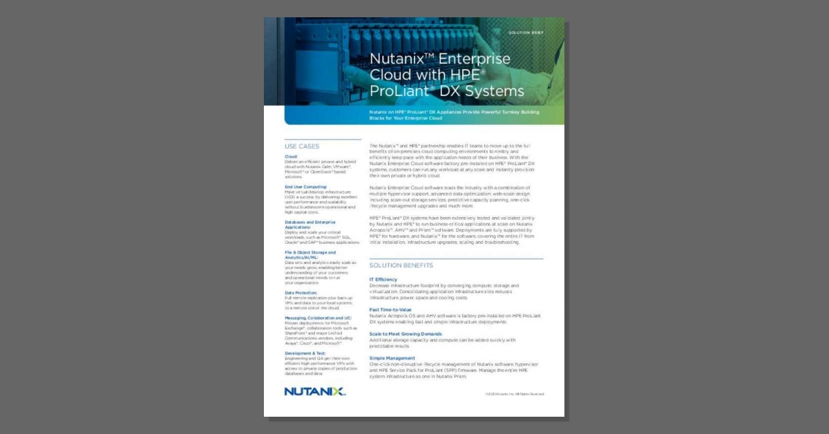 Discover how you can effortlessly set up a private or public cloud with the Nutanix™ software factory. It comes pre-installed on HPE ProLiant® DX systems, brought to you by Pathway Communications Group LLC. stuf.in/bdgvka