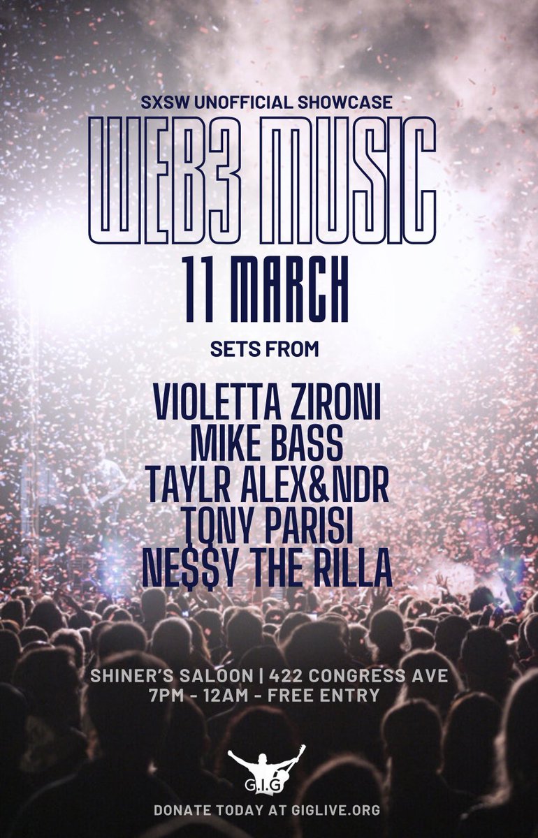 🎼Day 5 of posting a different flyer for @giglivemusic’s Web3 Music showcase every day until the event! 3/11/24 - ATX | doors @ 7pm Shiners Saloon (3 blocks from convention center) Performances by: @ZironiVioletta @mikebassmusic @auradeluxe @NessyTheRilla & more! Visit…