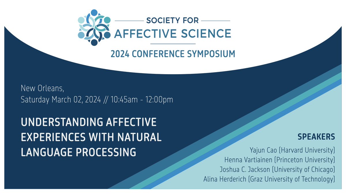 Alina Herderich (@hailina16) on Twitter photo This symposium is happening tomorrow, Saturday March 2, at #SAS2024 in New Orleans 🚨 Join <a href="/Yajun_Cao/">Yajun Cao</a> <a href="/HennaVartiainen/">Henna Vartiainen</a> Joshua C. Jackson <a href="/cytwill1/">Yutao Chen</a> and me to learn about affective research with natural language processing. This symposium is happening tomorrow, Saturday March 2, at #SAS2024 in New Orleans 🚨 Join <a href="/Yajun_Cao/">Yajun Cao</a> <a href="/HennaVartiainen/">Henna Vartiainen</a> Joshua C. Jackson <a href="/cytwill1/">Yutao Chen</a> and me to learn about affective research with natural language processing.
