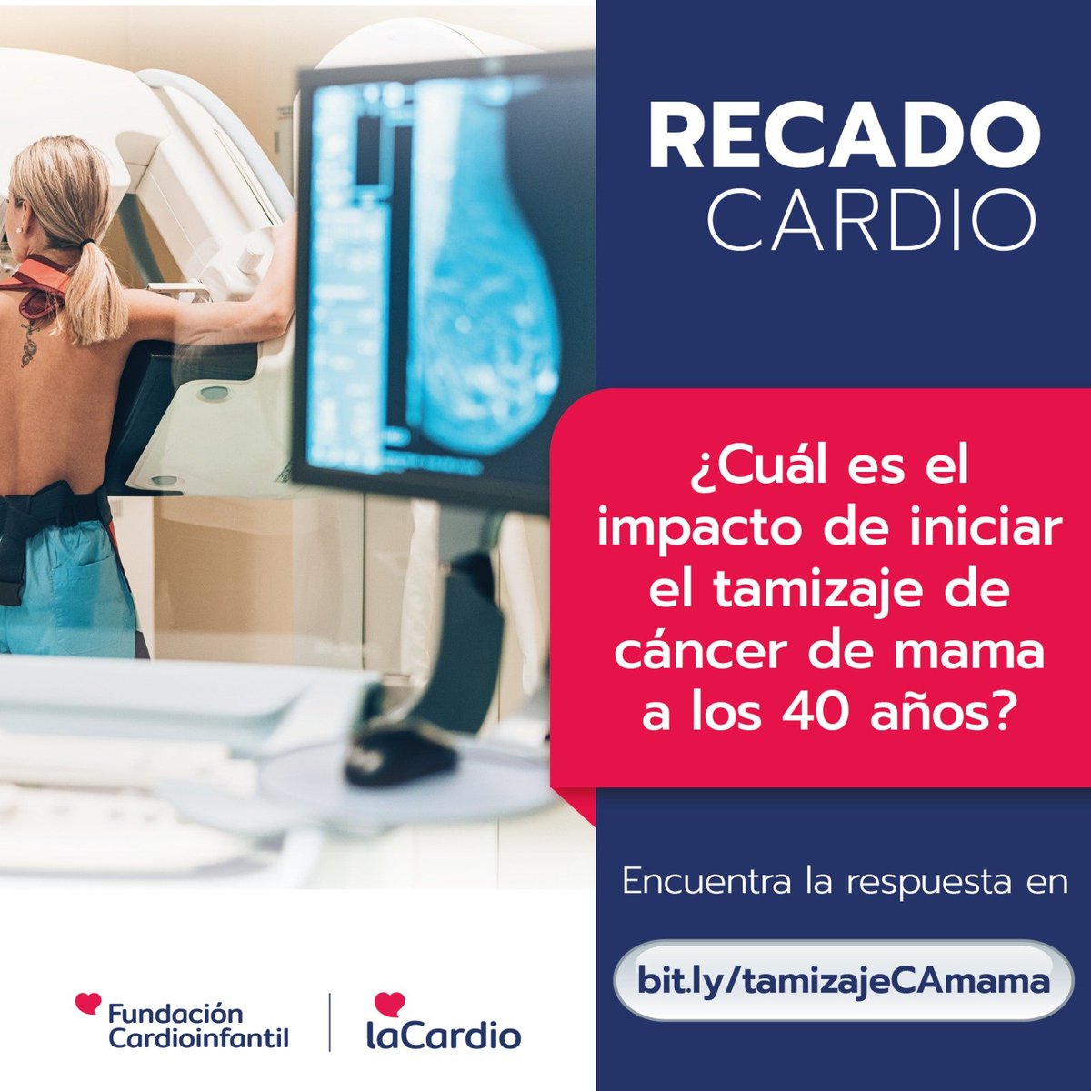 #RecadoCARDIO

🩷 Reseñamos evidencia sobre el efecto del tamizaje de Ca de mama con mamografía en mujeres (3 grupos etarios).

✅ Según los resultados, iniciar tamizaje desde los 40a favorece detección temprana y reduce riesgo de muerte por este Ca.

🔗 bit.ly/tamizajeCAmama