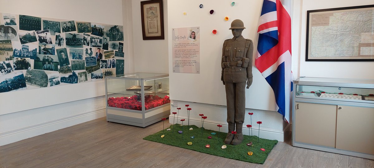 The crochet soldier takes pride of place at @Erewash_Museum, his new permanent home. He currently forms the poignant centrepiece of an exhibition called Yarns of Valour, which salutes the stories of service people and civilians involved in conflicts around the world.