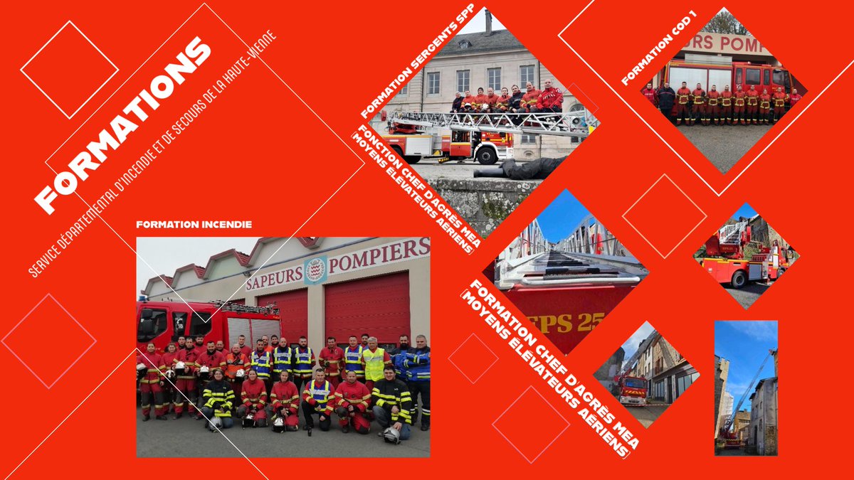#Formations 
Retour en images sur quelques-unes des formations délivrées en #HauteVienne à destination des sapeurs #pompiers #SPP #SPV 🧑🏻‍🚒👨🏻‍🚒
Incendie / conducteur / formation chef d’agrès #MEA (Moyens Élévateurs Aériens) 🚒