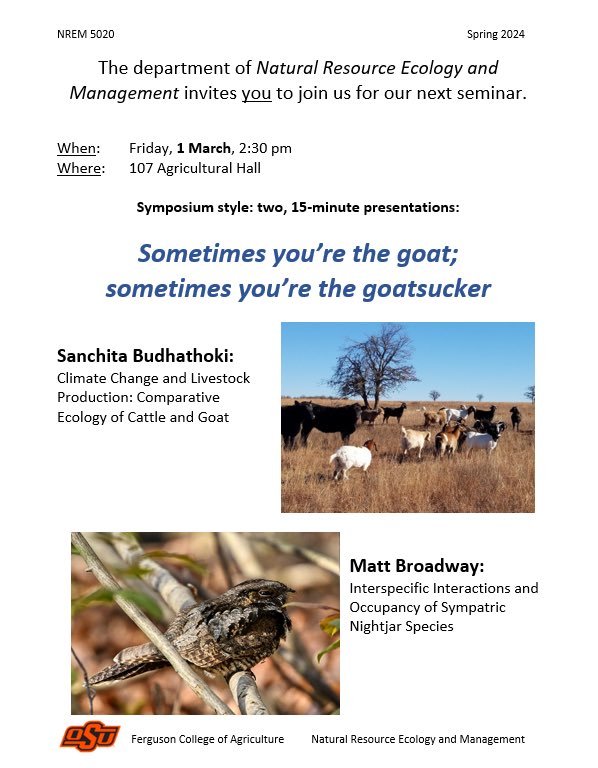 Come join us for seminar today! This week, we will hear talks from Sanchita Budhathoki and Matt Broadway. All are welcome to attend in person at 2:30 PM in 107 Ag Hall. See you all there!