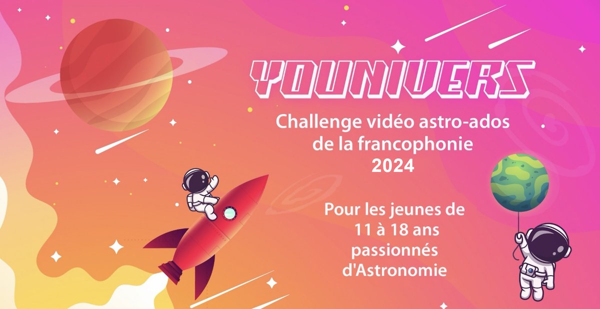 La @safastrofrance lance le 3ème challenge vidéo astro-ados Younivers de la francophonie destiné aux jeunes de 11 à 18 ans. Inscription gratuite et ouverte jusqu’au 29 mars. archipel-des-sciences.org/actualites/#yo…