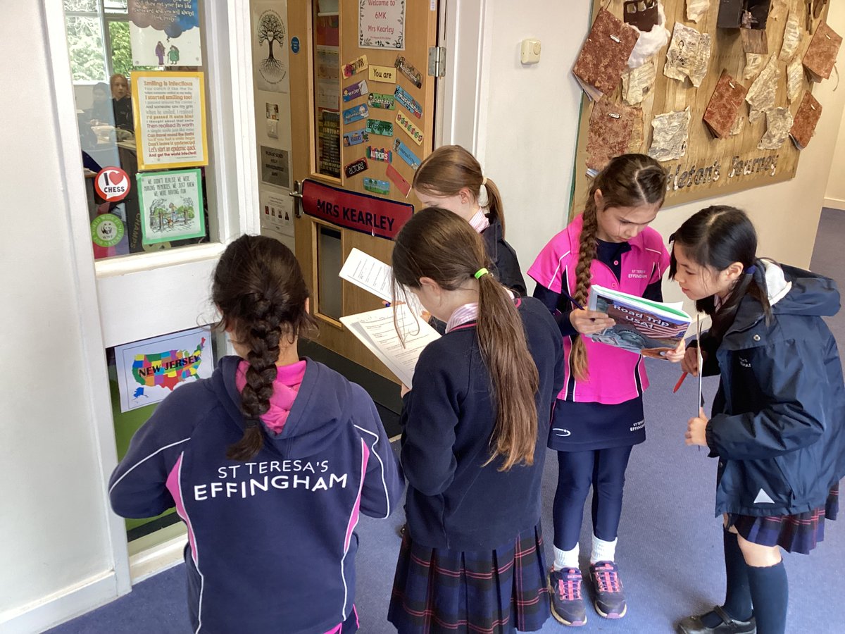 PrepTeresas's tweet photo. Year 4 kickstarted their new topic, 'Road Trip USA' with a scavenger hunt, using clues to find some of the states of the USA that were hidden around the school. They then needed to use these clues and other resources to answer questions about the geography of the USA. https://t.co/YyjXtUAcSr