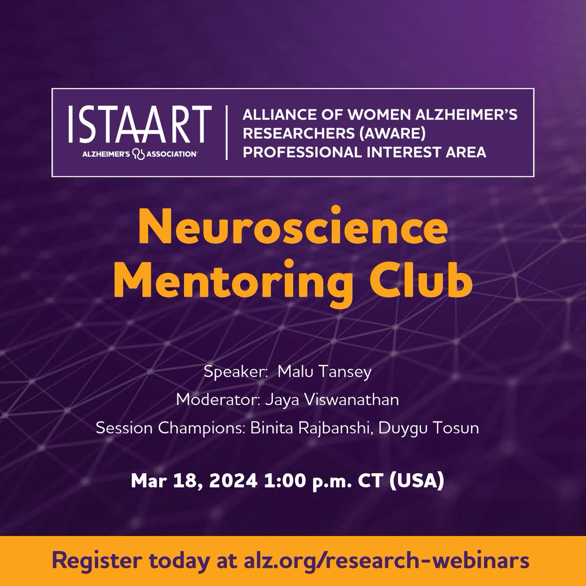 ⚠️Make sure to register for this Mentoring Club @awarepia @ISTAART organized. The amazing @MaluTansey will be the speaker! March 18 - 1pm CT/USA alz-org.zoom.us/meeting/regist…